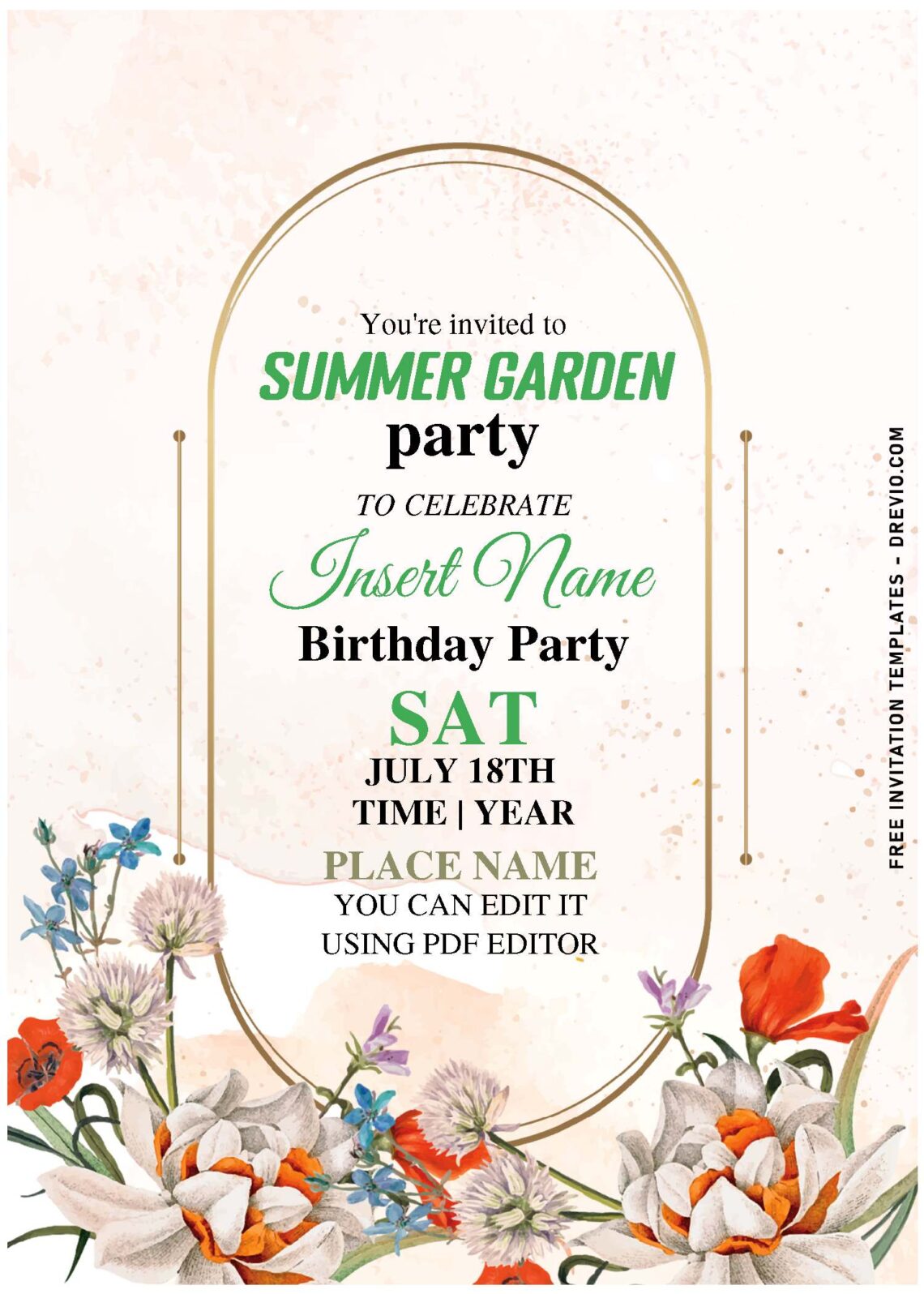(Free Editable PDF) Stylish Gold Spring Floral Fiesta Birthday Invitation Templates with romantic red poppy