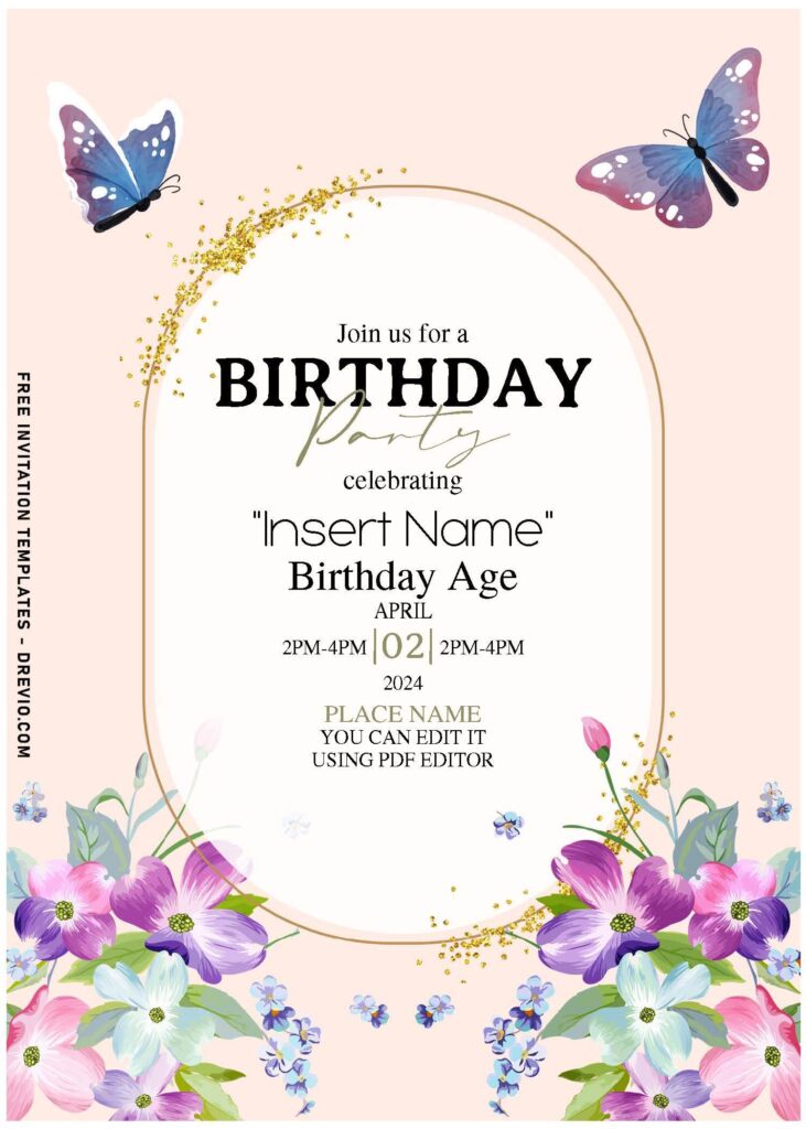 (Free Editable PDF) Cheerful Bright Poppy And Dogwood Birthday Invitation Templates with purple butterflies