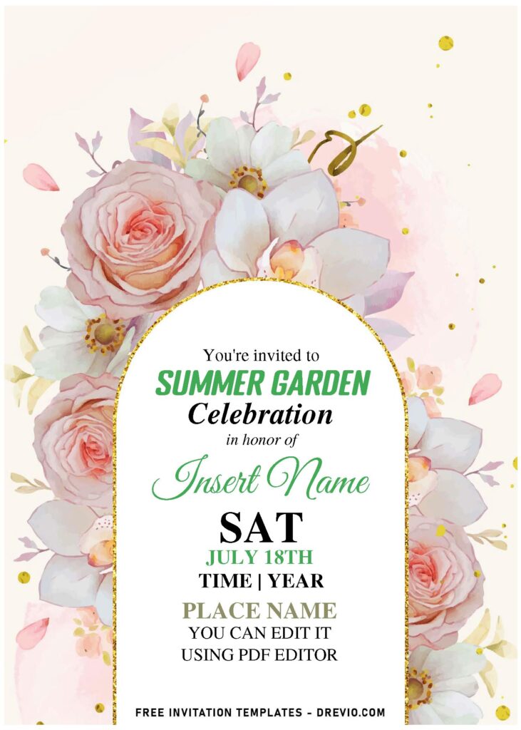 (Free Editable PDF) Glamour Shiny Rose And Cherry Blossom Invitation Templates with elegant script