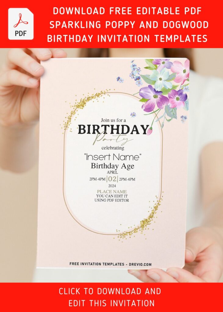 (Free Editable PDF) Cheerful Bright Poppy And Dogwood Birthday Invitation Templates with 