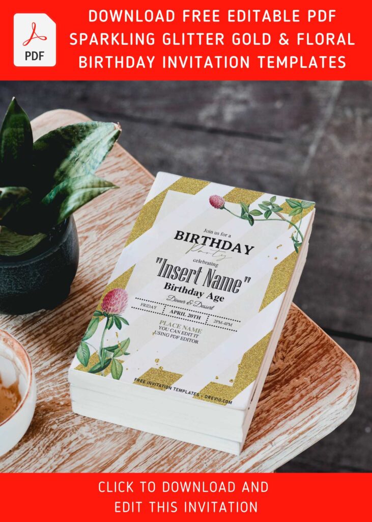 (Free Editable PDF) Shimmering Gold Glitter And Floral Invitation Templates with elegant text box