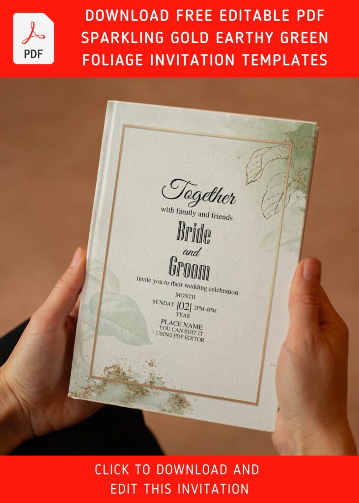 (Free Editable PDF) Classy Earthy Romance Greenery Wedding Invitation Templates with gold leaves