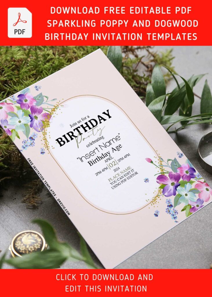 (Free Editable PDF) Cheerful Bright Poppy And Dogwood Birthday Invitation Templates with watercolor poppy