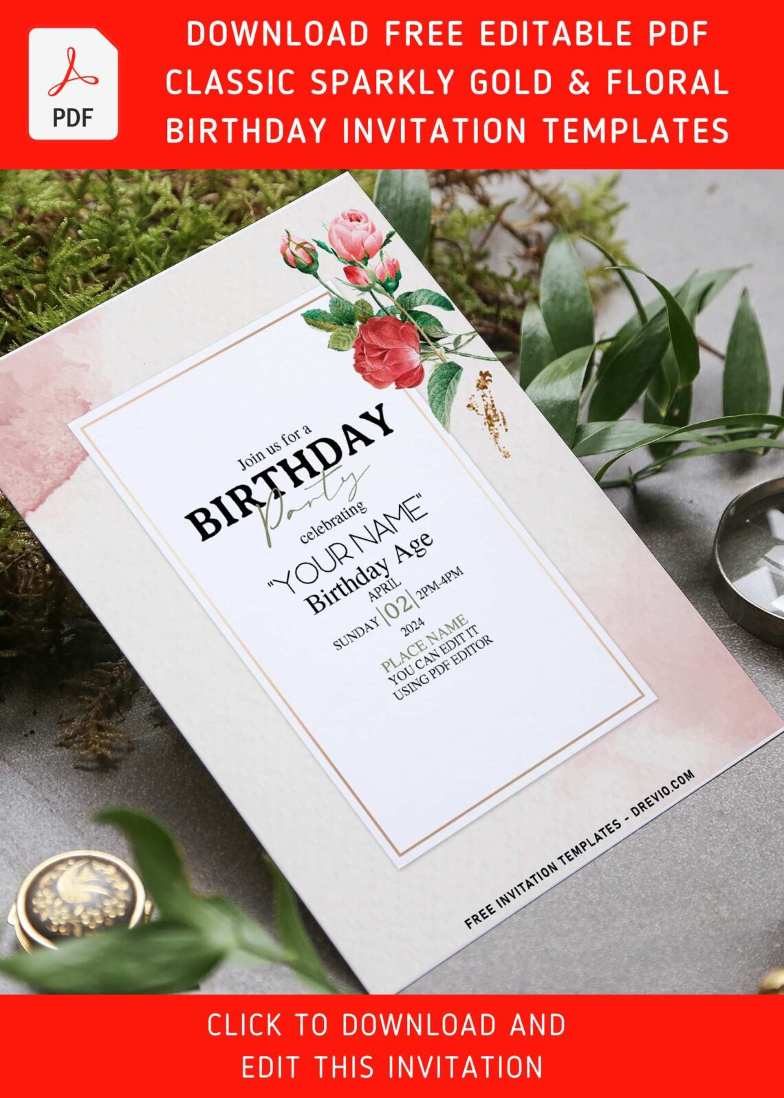 (Free Editable PDF) Classy Sparkly Gold And Greenery Birthday Invitation Templates with romantic red rose
