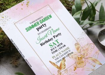 (Free Editable PDF) Dreamy Magical Butterfly Flower Birthday Invitation Templates with enchanting gold floral and leaves