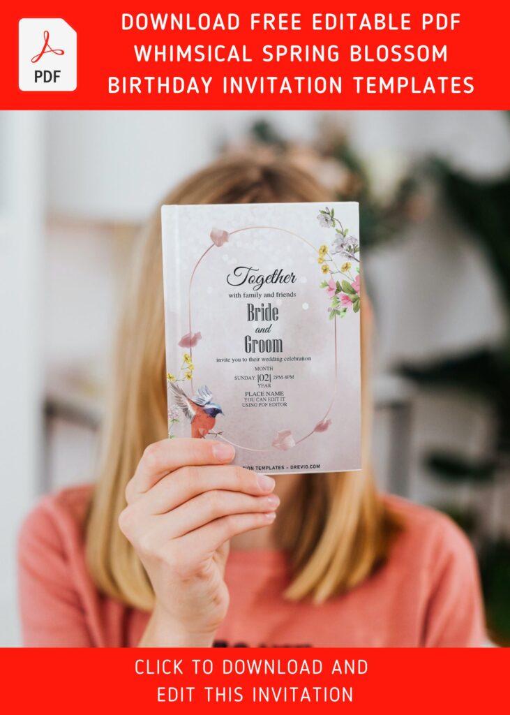 (Free Editable PDF) Whimsical Spring Blossom Wedding Invitation Templates with gorgeous birds