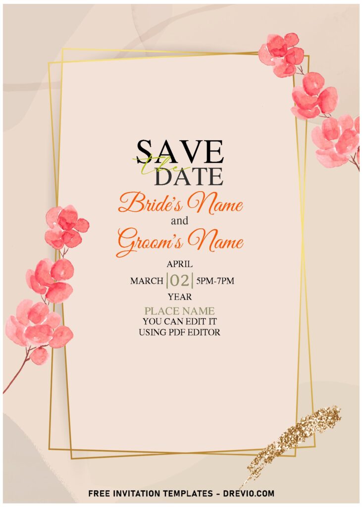 (Free Editable PDF) Modern Autumn Cascade Wedding Invitation Templates with stunning gold frame