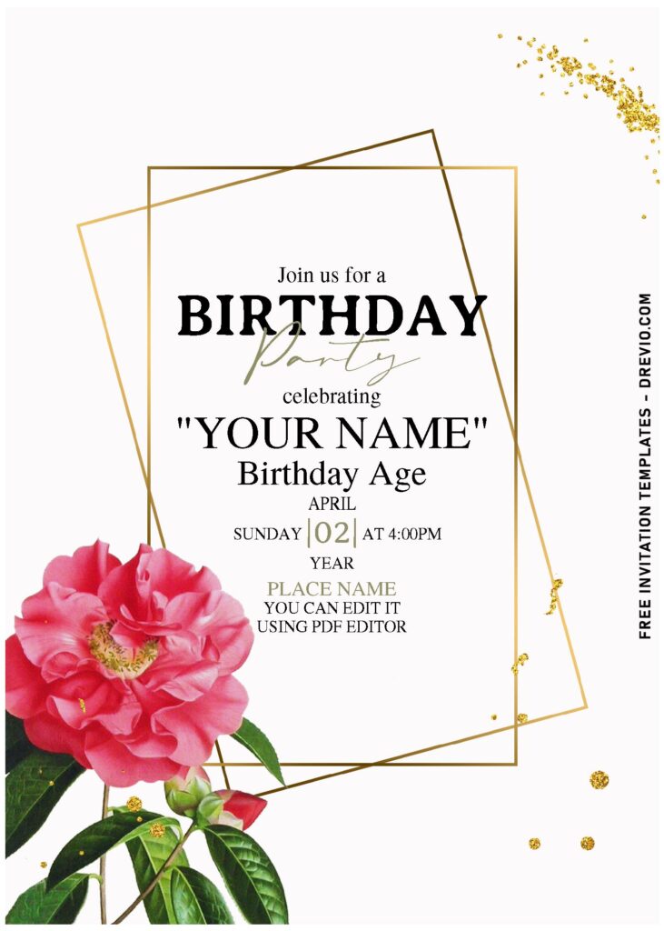 (Free Editable PDF) Divine Gold Geometric Floral Spring Invitation Templates with sparkling gold geometric pattern