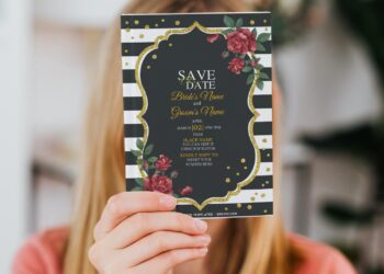(Free Editable PDF) Vintage Sparkling Black And White Floral Wedding Invitation Templates with romantic red rose