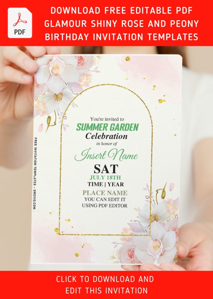 (Free Editable PDF) Glamour Shiny Rose And Cherry Blossom Invitation Templates with elegant gold floral arch