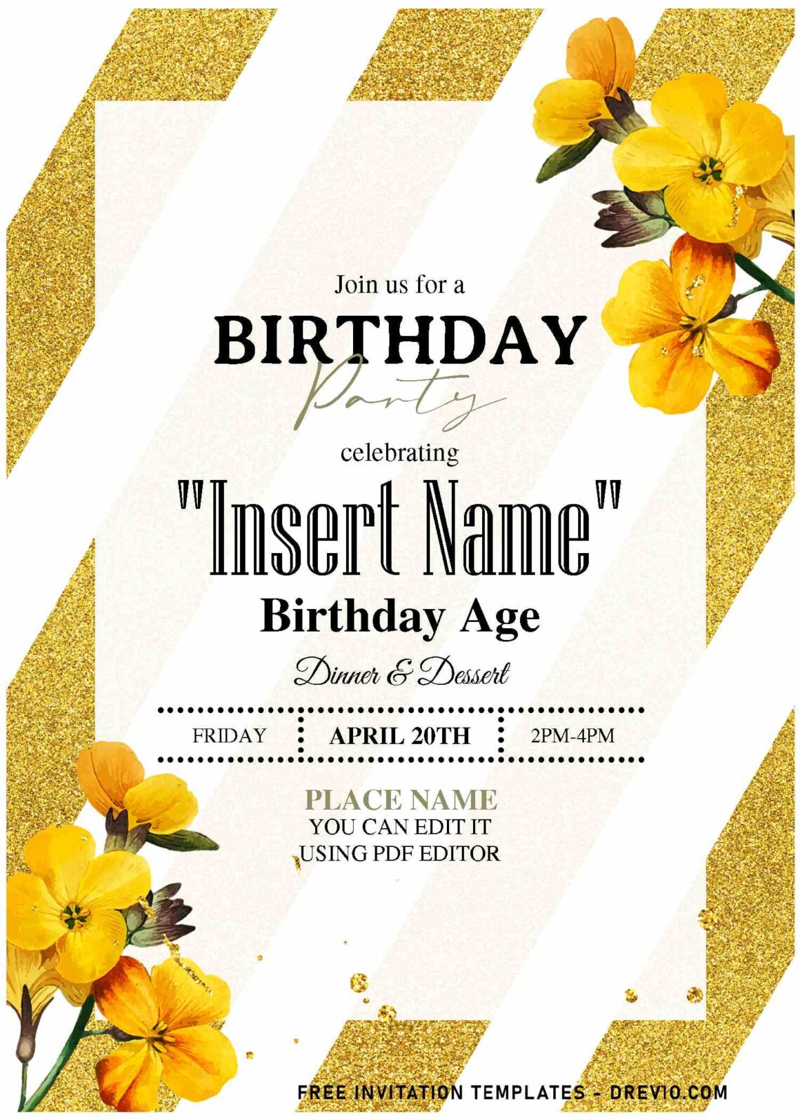 (Free Editable PDF) Shimmering Gold Glitter And Floral Invitation Templates with gorgeous yellow poppy