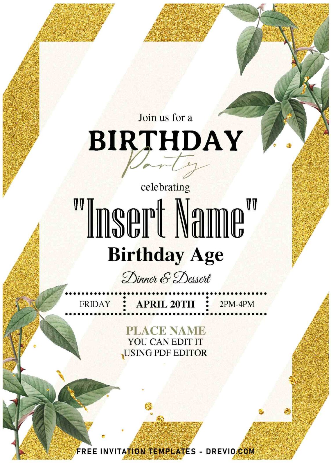 (Free Editable PDF) Shimmering Gold Glitter And Floral Invitation Templates with evergreen plant
