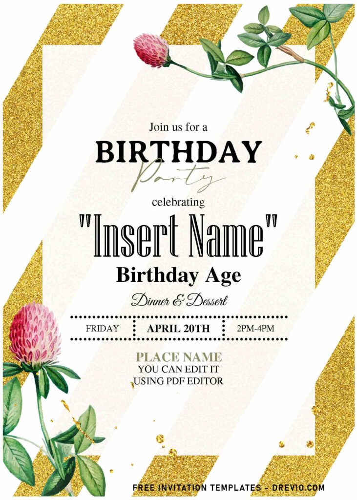 (Free Editable PDF) Shimmering Gold Glitter And Floral Invitation Templates with elegant script