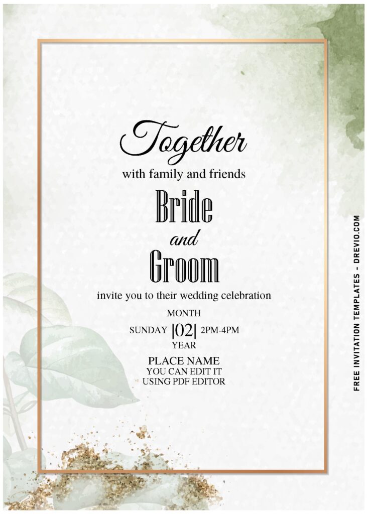 (Free Editable PDF) Classy Earthy Romance Greenery Wedding Invitation Templates with elegant watercolor green and gold background