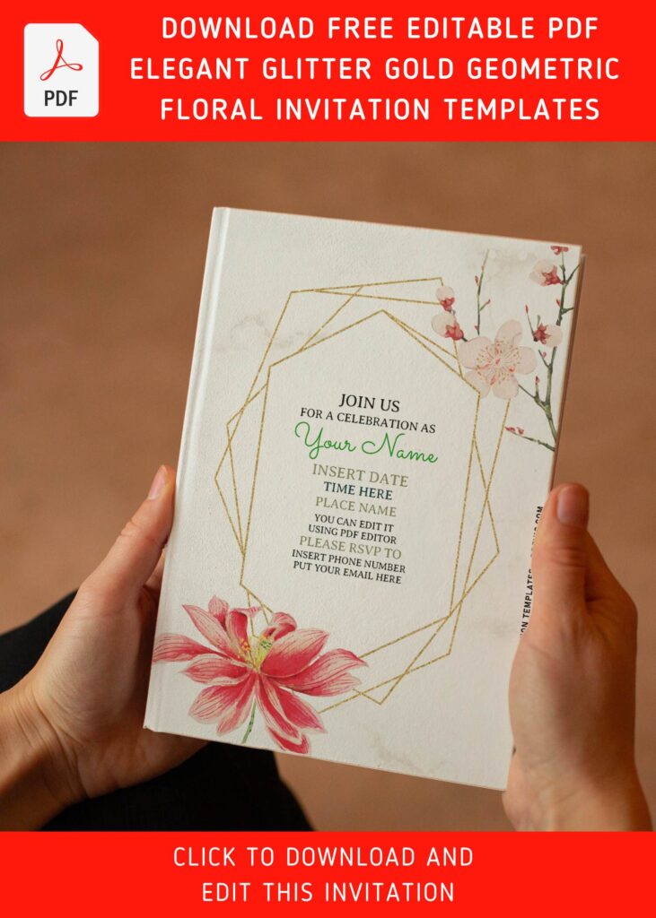 (Free Editable PDF) Striking Gold Geometric & Floral Invitation Templates For Spring Affairs with cherry blossom