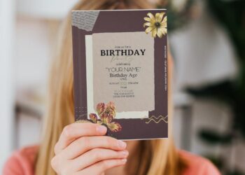 (Free Editable PDF) Casual Modern Gold And Floral Birthday Invitation Templates with collage pattern and sunflower