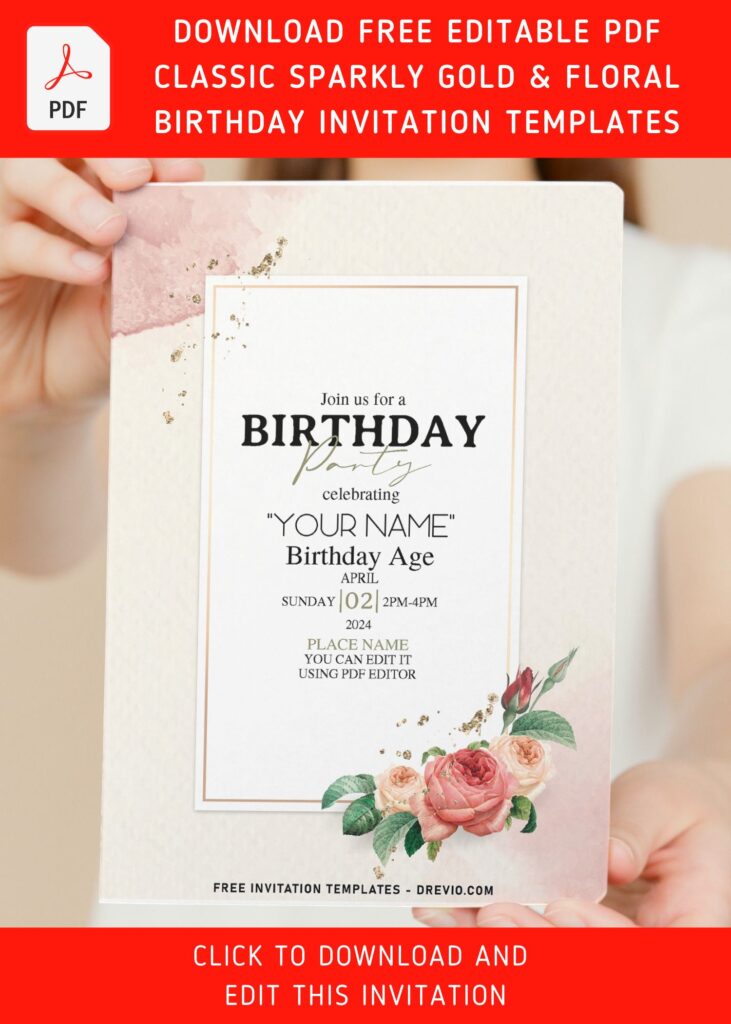 (Free Editable PDF) Classy Sparkly Gold And Greenery Birthday Invitation Templates with watercolor white rose and camellia