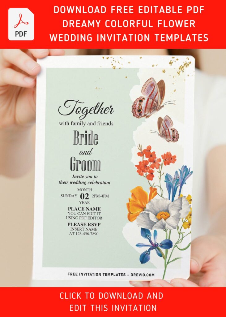 (Free Editable PDF) Heavenly Stunning Colorful Flowers Wedding Invitation Templates with elegant script