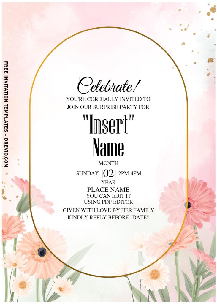 (Free Editable PDF) Lovely Symbolic Daisy Birthday Invitation Templates with gold frame