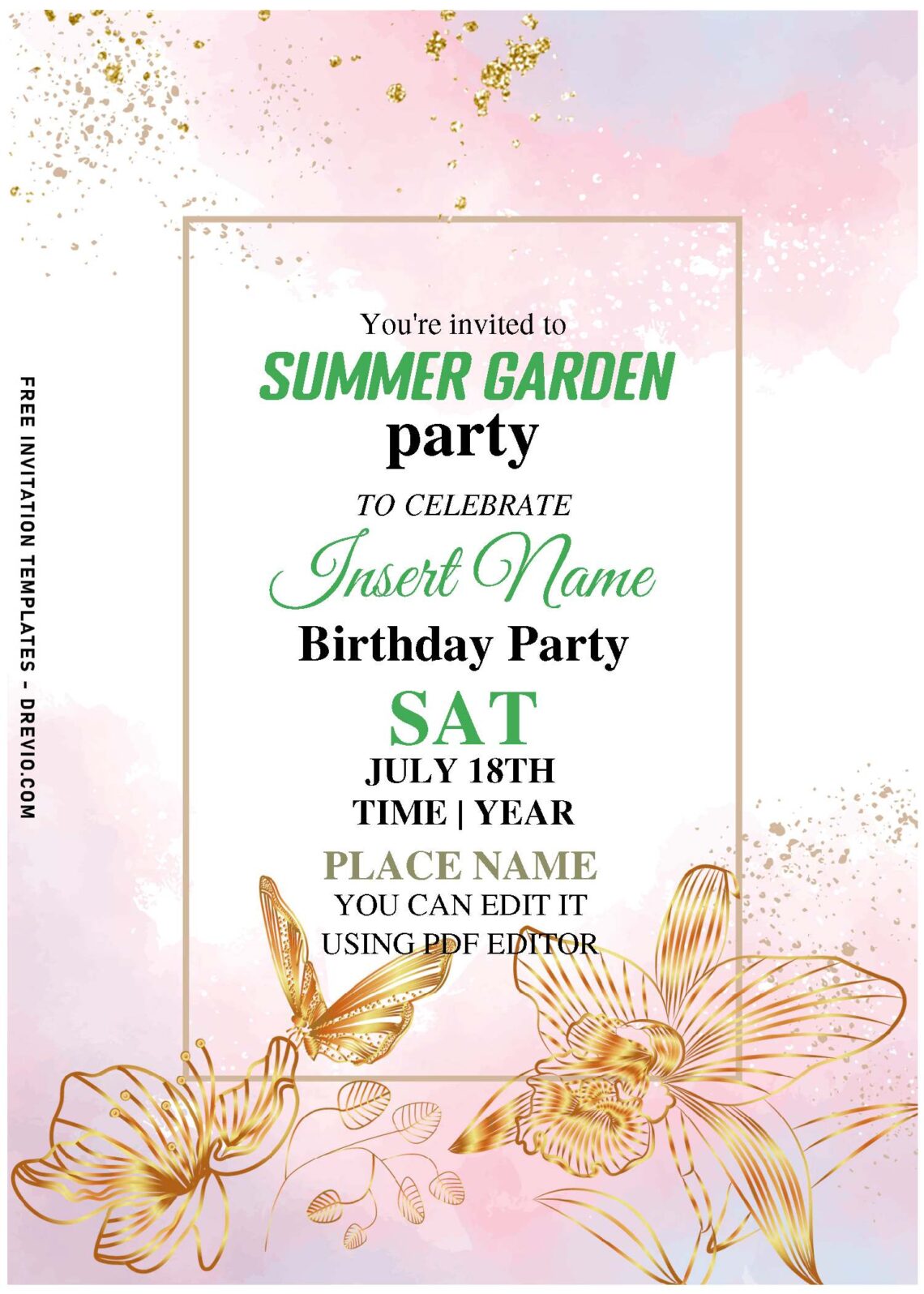 (Free Editable PDF) Dreamy Magical Butterfly Flower Birthday Invitation Templates with enchanting gold butterflies