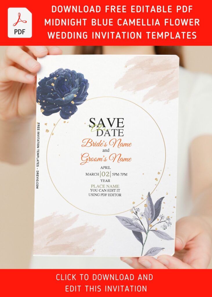 (Free Editable PDF) Mysterious Midnight Blue Camellia Wedding Invitation Templates with Mysterious blue camellia flower