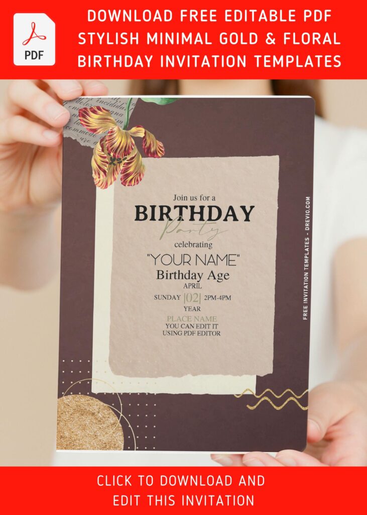 (Free Editable PDF) Casual Modern Gold And Floral Birthday Invitation Templates with gold glitter dotted lines