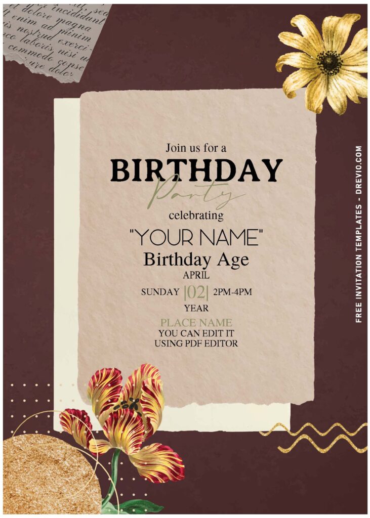 (Free Editable PDF) Casual Modern Gold And Floral Birthday Invitation Templates with sparkling glitter gold asymmetric shapes