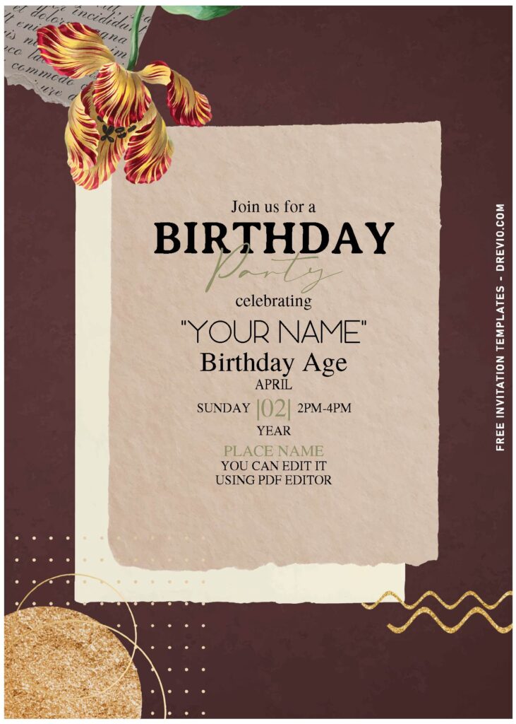 (Free Editable PDF) Casual Modern Gold And Floral Birthday Invitation Templates with sparkling ones