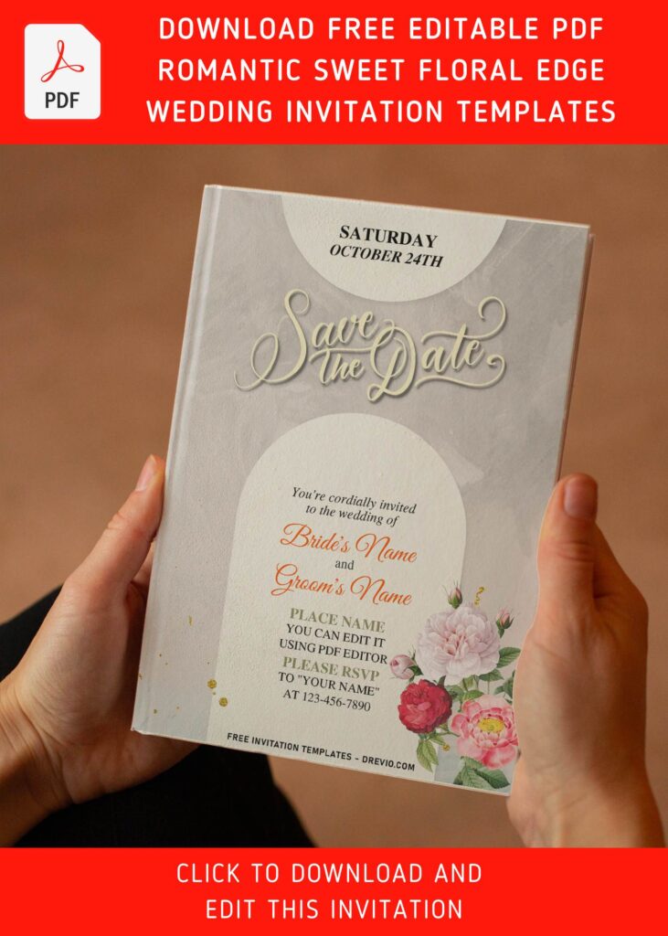 (Free Editable PDF) Romantic Sweet Blush Floral Edge Wedding Invitation Templates with edgy design
