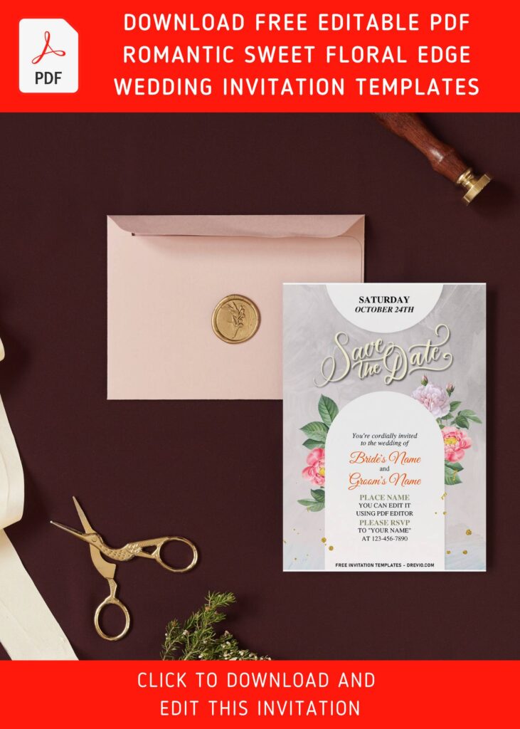 (Free Editable PDF) Romantic Sweet Blush Floral Edge Wedding Invitation Templates with greenery foliage