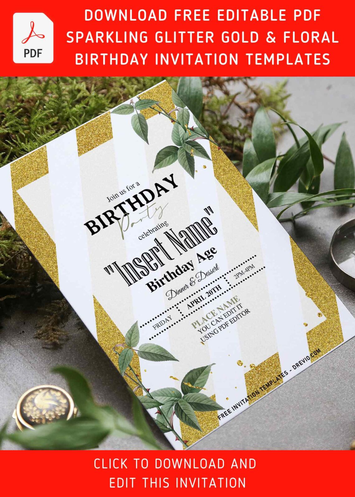 (Free Editable PDF) Shimmering Gold Glitter And Floral Invitation Templates with watercolor green foliage