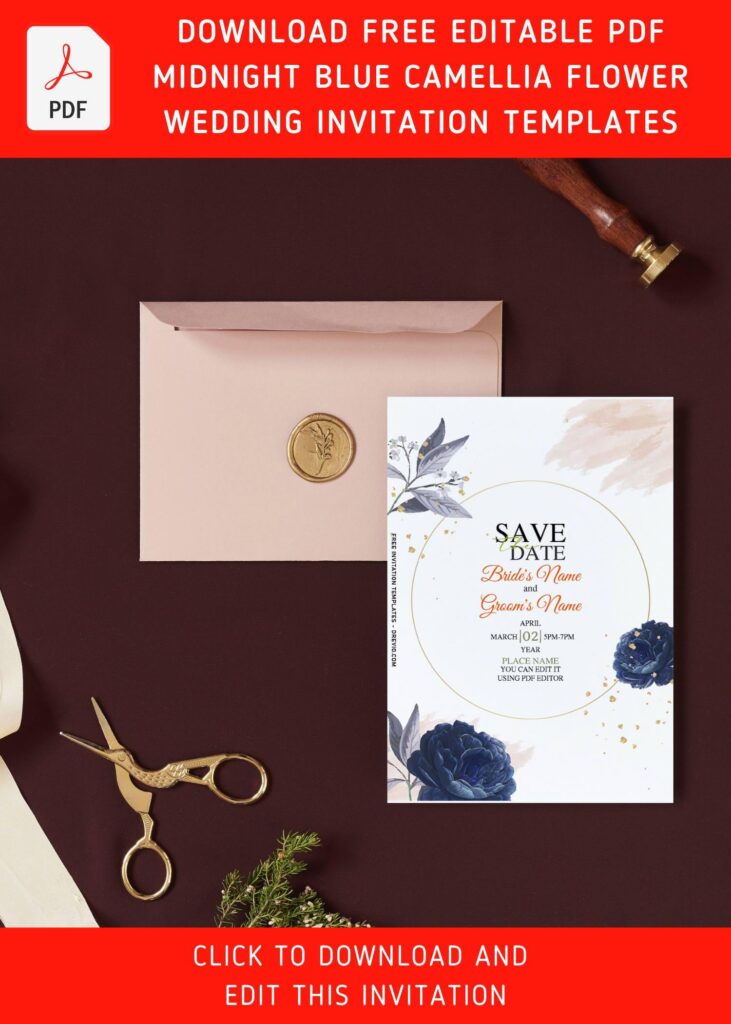 (Free Editable PDF) Mysterious Midnight Blue Camellia Wedding Invitation Templates with blue foliage