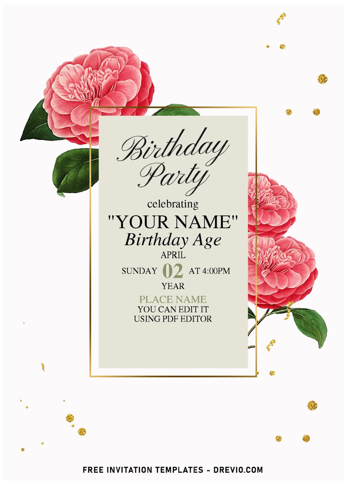 (Free Editable PDF) Sweet Romantic Camellia Minimalist Birthday Invitation Templates with pristine white background