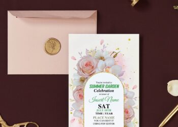 (Free Editable PDF) Glamour Shiny Rose And Cherry Blossom Invitation Templates with romantic soft pink garden roses