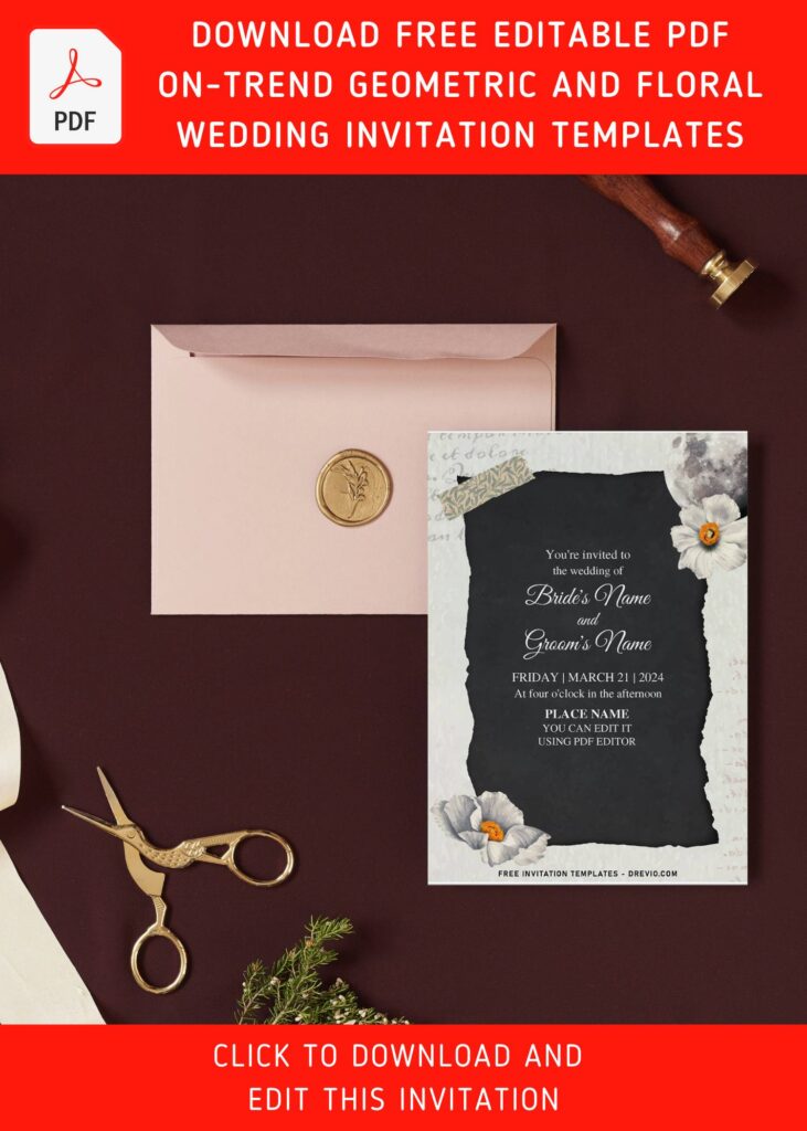 (Free Editable PDF) On-Trend Geometric Shape And Floral Wedding Invitation Templates with elegant script