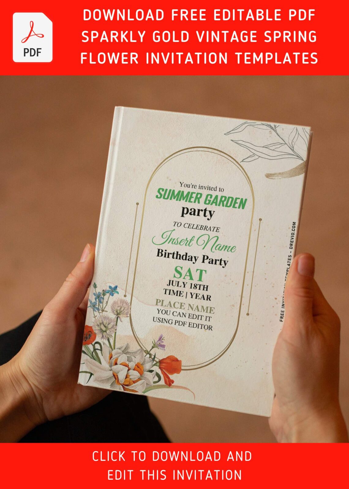 (Free Editable PDF) Stylish Gold Spring Floral Fiesta Birthday Invitation Templates with elegant script