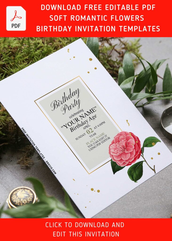 (Free Editable PDF) Sweet Romantic Camellia Minimalist Birthday Invitation Templates with sparkly gold glitters