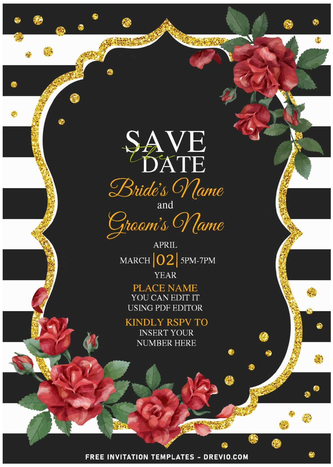 (Free Editable PDF) Vintage Sparkling Black And White Floral Wedding Invitation Templates with black and white striped background