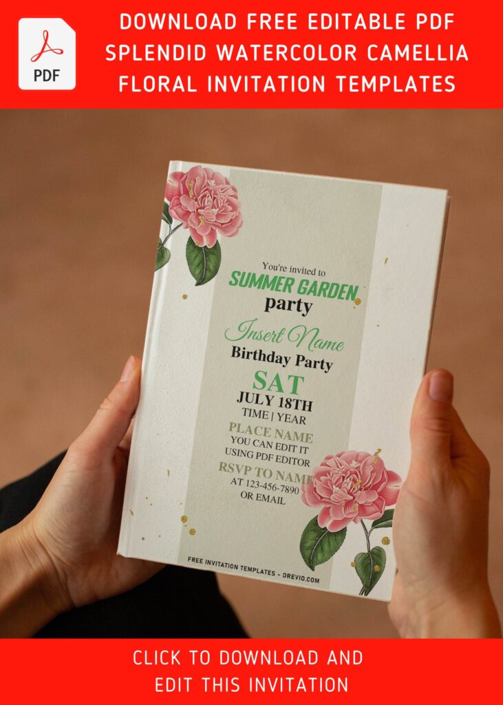 (Free Editable PDF) Fabulous Spring Watercolor Camellia Birthday Invitation Templates with pink rose