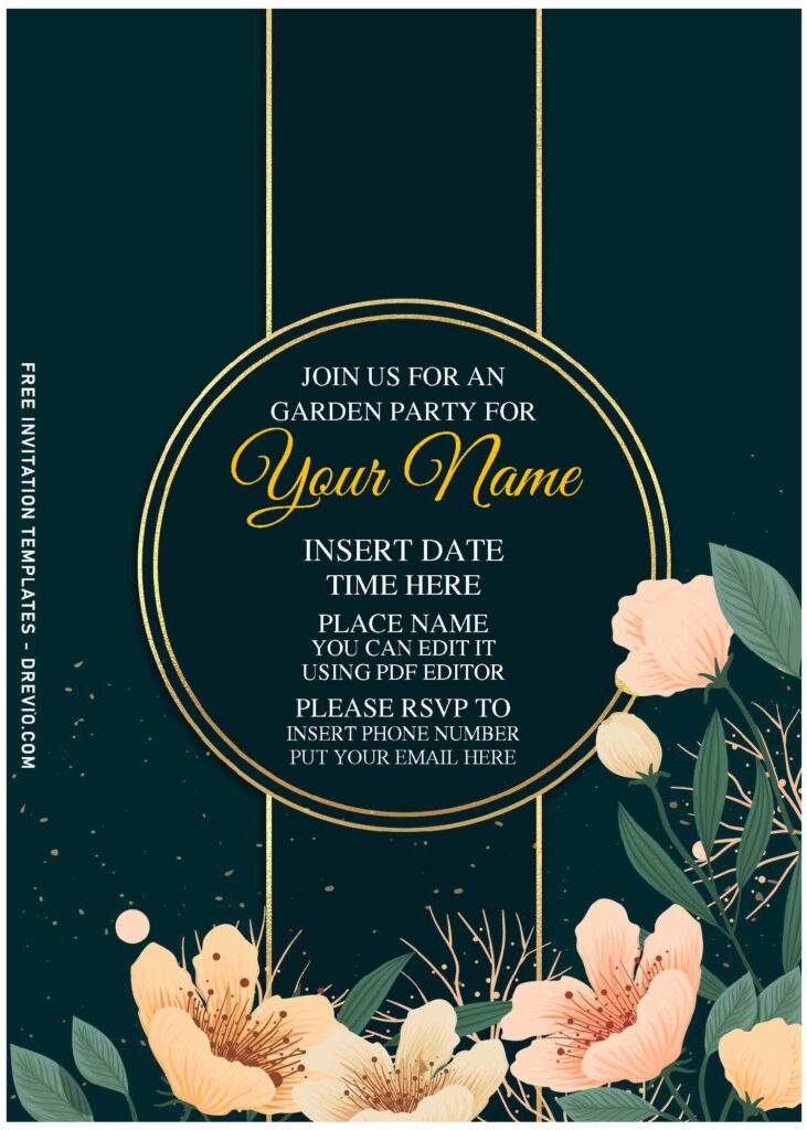 (Free Editable PDF) Brilliant Gold Foiled Floral Invitation Templates with navy background