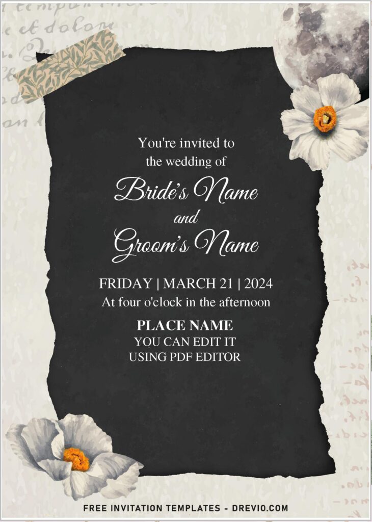 (Free Editable PDF) On-Trend Geometric Shape And Floral Wedding Invitation Templates with white daisy