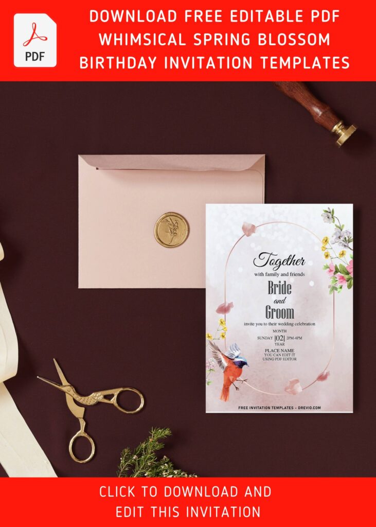 (Free Editable PDF) Whimsical Spring Blossom Wedding Invitation Templates with editable text
