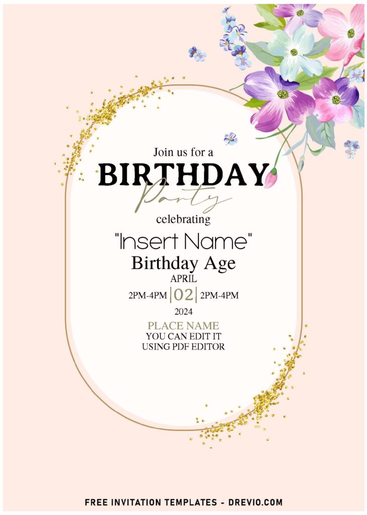 (Free Editable PDF) Cheerful Bright Poppy And Dogwood Birthday Invitation Templates with gold glitter sparkles