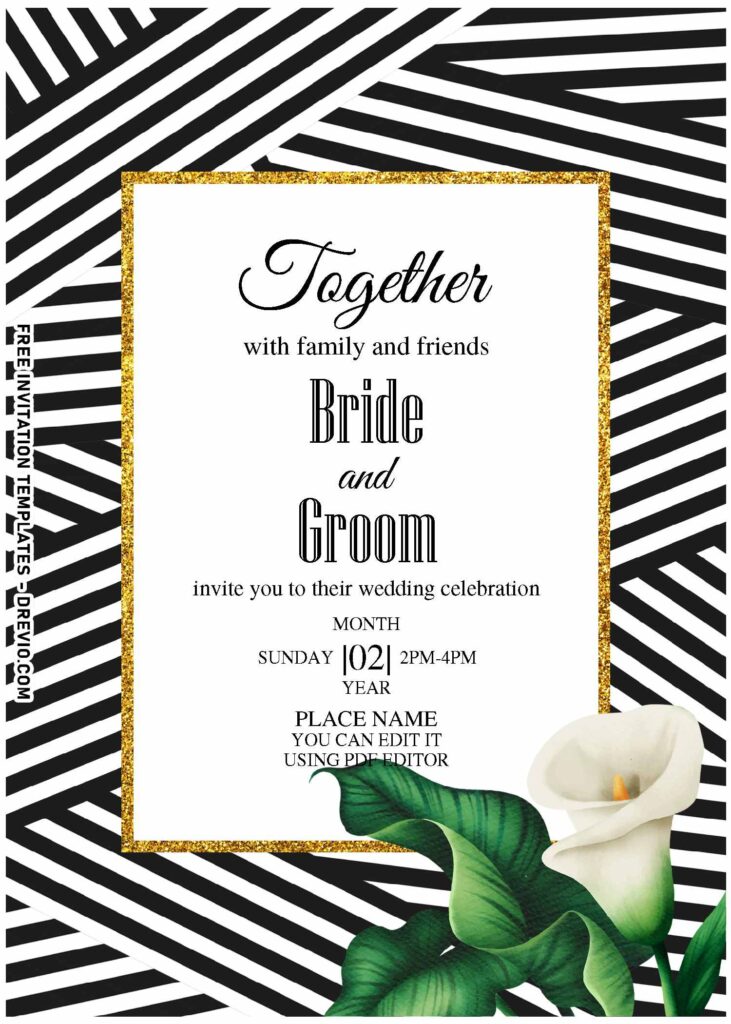(Free Editable PDF) Urban Glamour Stripe And Gold Wedding Invitation Templates with stunning gold frame