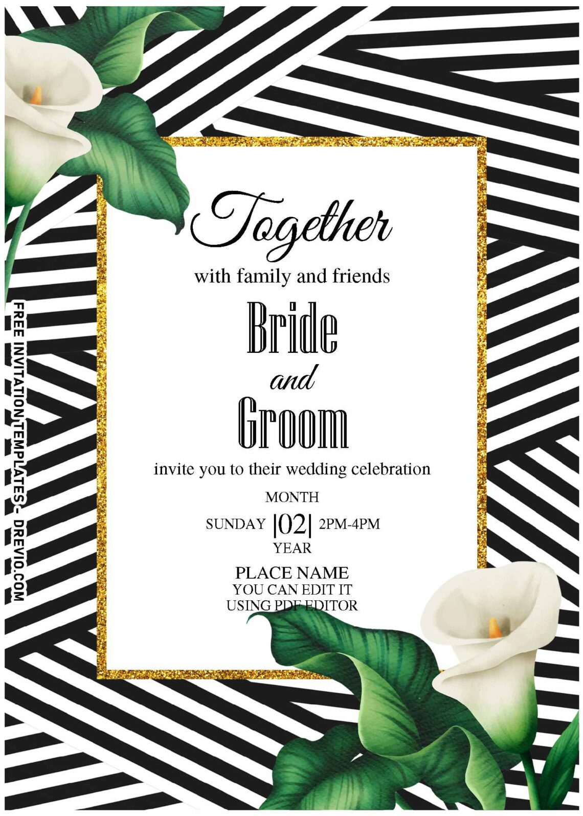 (Free Editable PDF) Urban Glamour Stripe And Gold Wedding Invitation Templates with delicate and elegant script