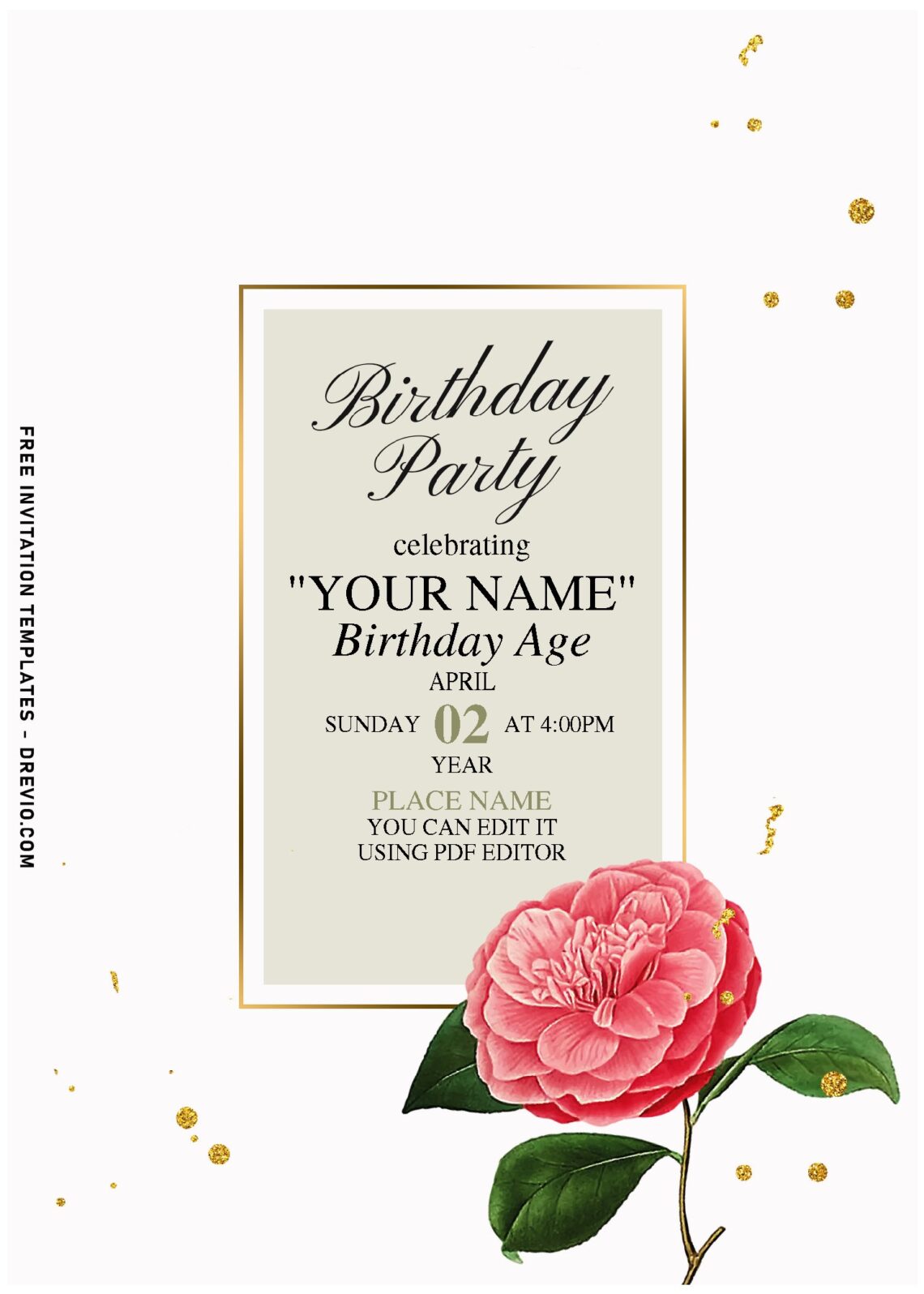(Free Editable PDF) Sweet Romantic Camellia Minimalist Birthday Invitation Templates with elegant script
