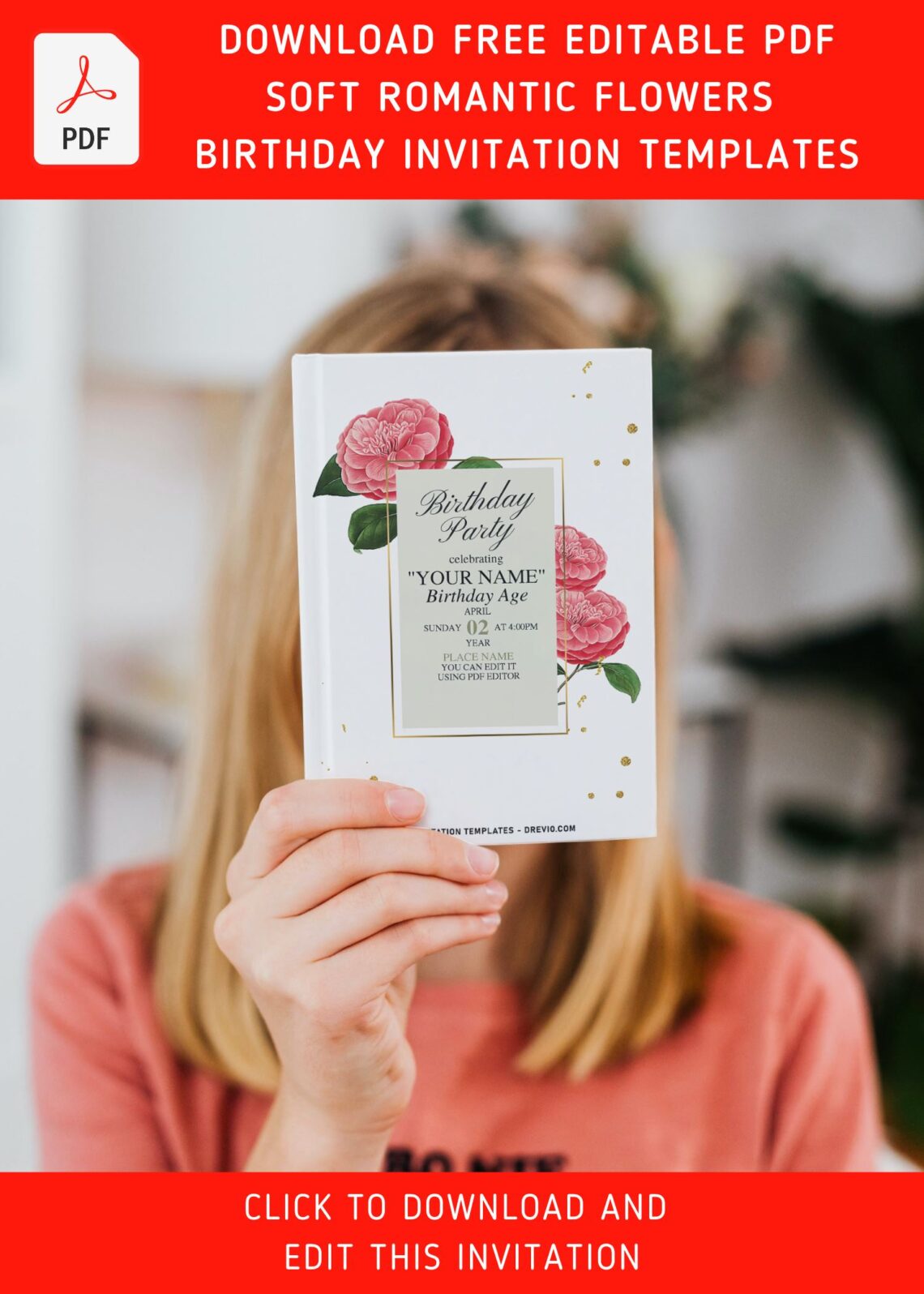 (Free Editable PDF) Sweet Romantic Camellia Minimalist Birthday Invitation Templates with blush pink camellia and rose
