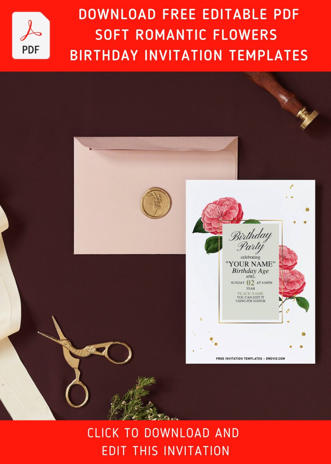 (Free Editable PDF) Sweet Romantic Camellia Minimalist Birthday Invitation Templates with editable text