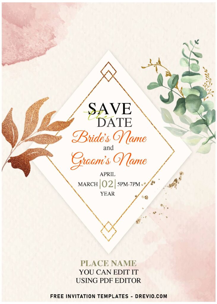 (Free Editable PDF) Truly Elegant Botanical Gold & Green Foliage Invitation Templates with rustic watercolor background