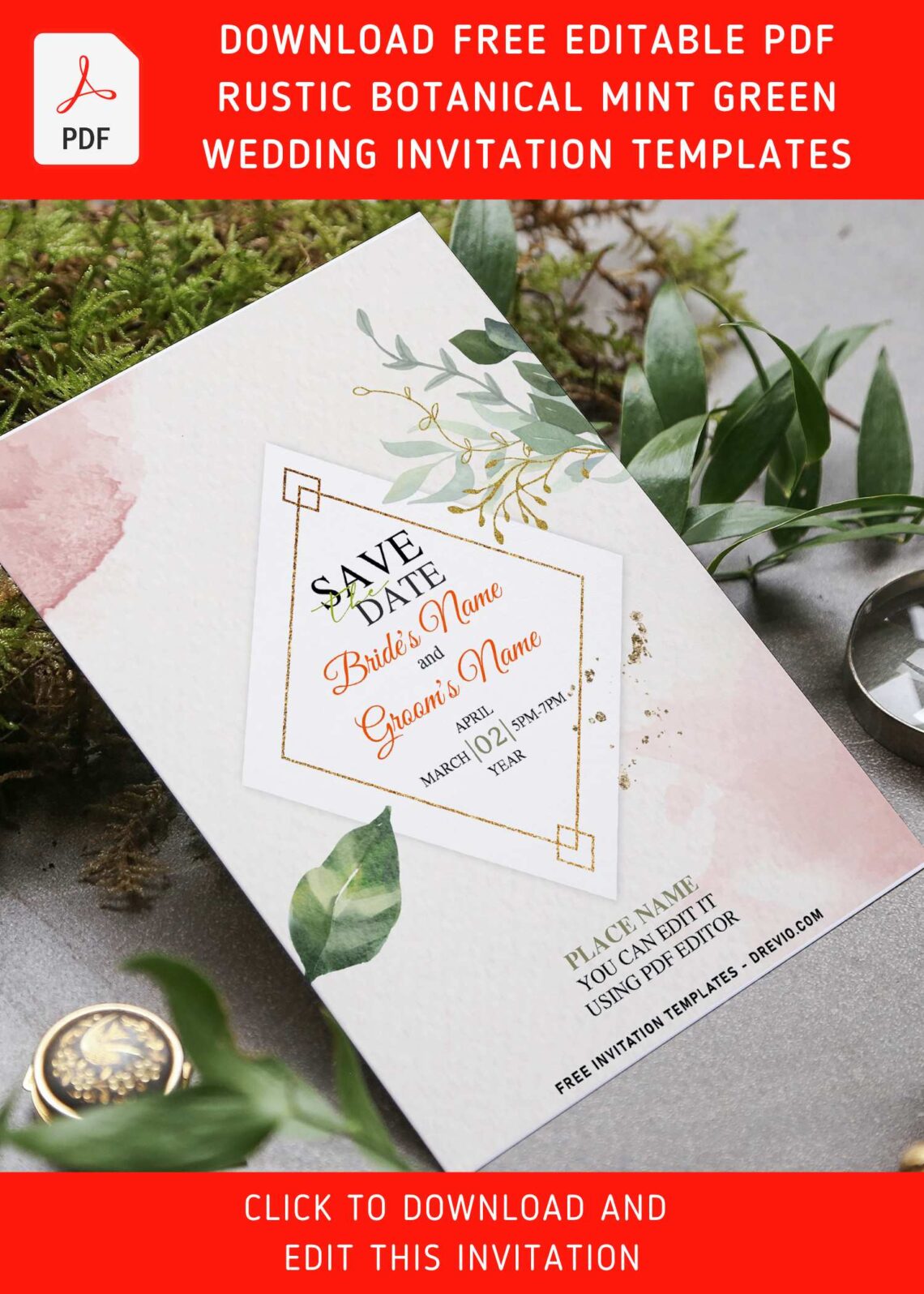 (Free Editable PDF) Truly Elegant Botanical Gold & Green Foliage Invitation Templates with green foliage
